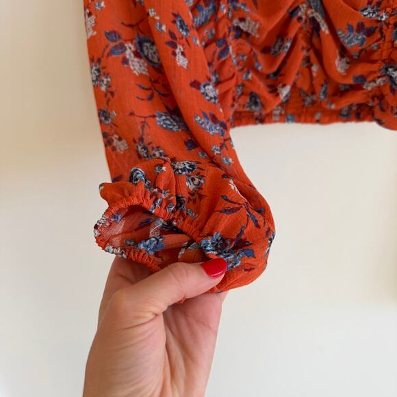 Free People Final Rose Print V-Neck Ruched Smocked Cropped Blouse Orange XS - Picture 6 of 9